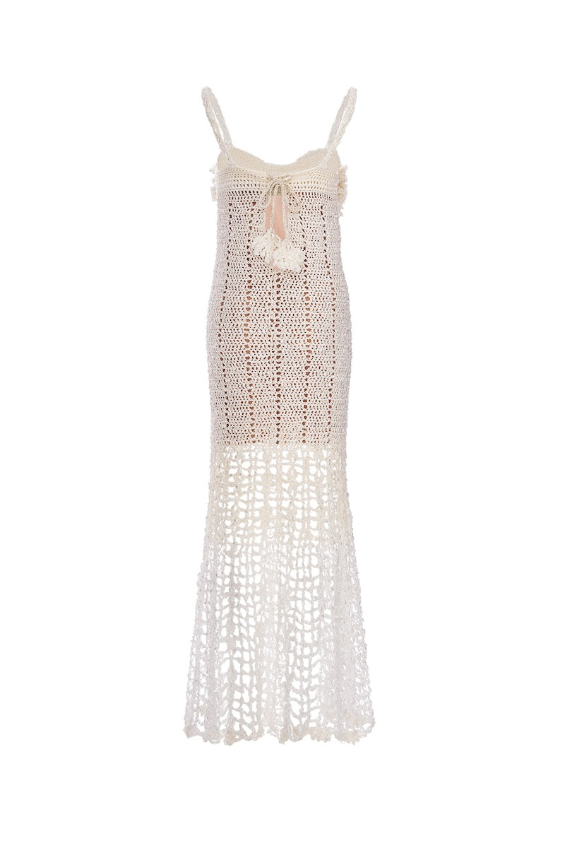 White handmade crochet Chrysanthemum maxi dress by Andreeva featuring intricate floral patterns and a flowing silhouette.