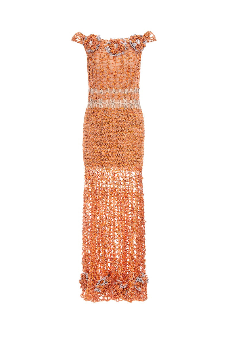 ORANGE CHRYSANTHEMUM HANDMADE MAXI CROCHET DRESS - CULT MIA