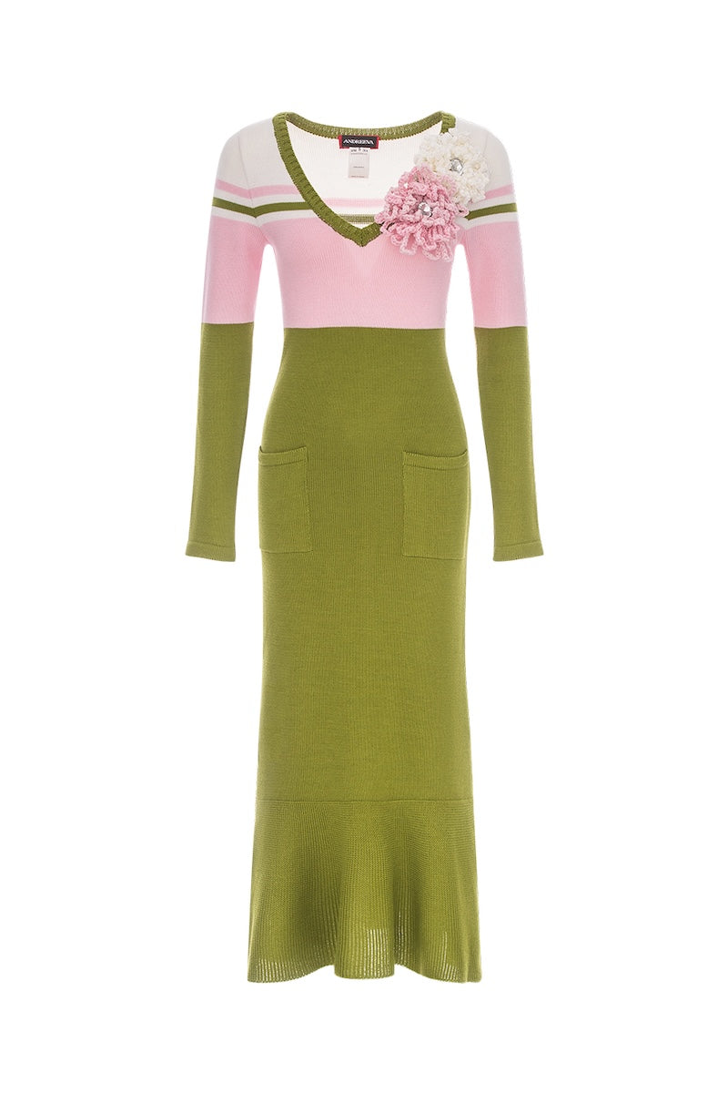 CHRYSANTHEMUM GREEN KNIT DRESS WITH SWAROVSKI DETAILS