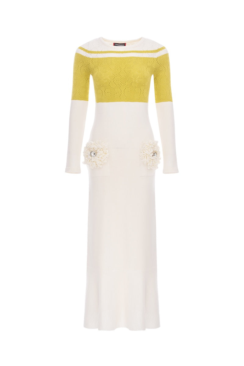 CHRYSANTHEMUM WHITE KNIT DRESS WITH SWAROVSKI DETAILS
