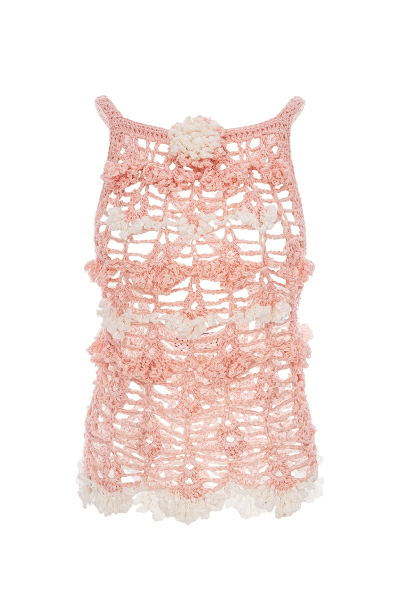Pink handmade crochet top featuring a chrysanthemum pattern by Andreeva, casual and stylish for everyday wear.