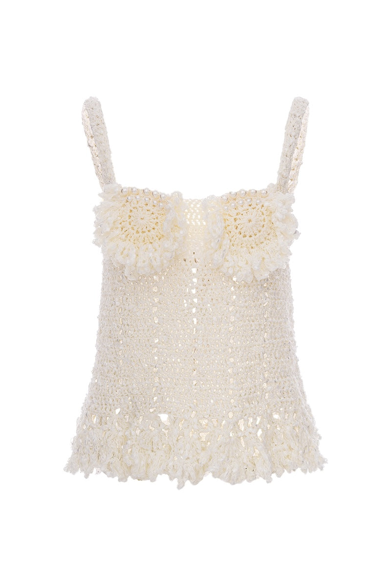 CHRYSANTHEMUM WHITE HANDMADE CROCHET TOP - CULT MIA