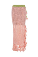 Pink handmade crochet chrysanthemum midi skirt from Andreeva featuring intricate crochet details and a flowing silhouette.