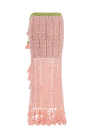 Pink handmade crochet chrysanthemum midi skirt by Andreeva, featuring intricate floral patterns and a flowing design.