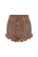 Handmade brown crochet shorts from Andreeva featuring intricate design and short length, perfect for casual or boho style.