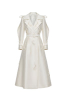 Ivory embroidered trench coat by White Plan, stylish lightweight coat with intricate embroidery details and classic design.