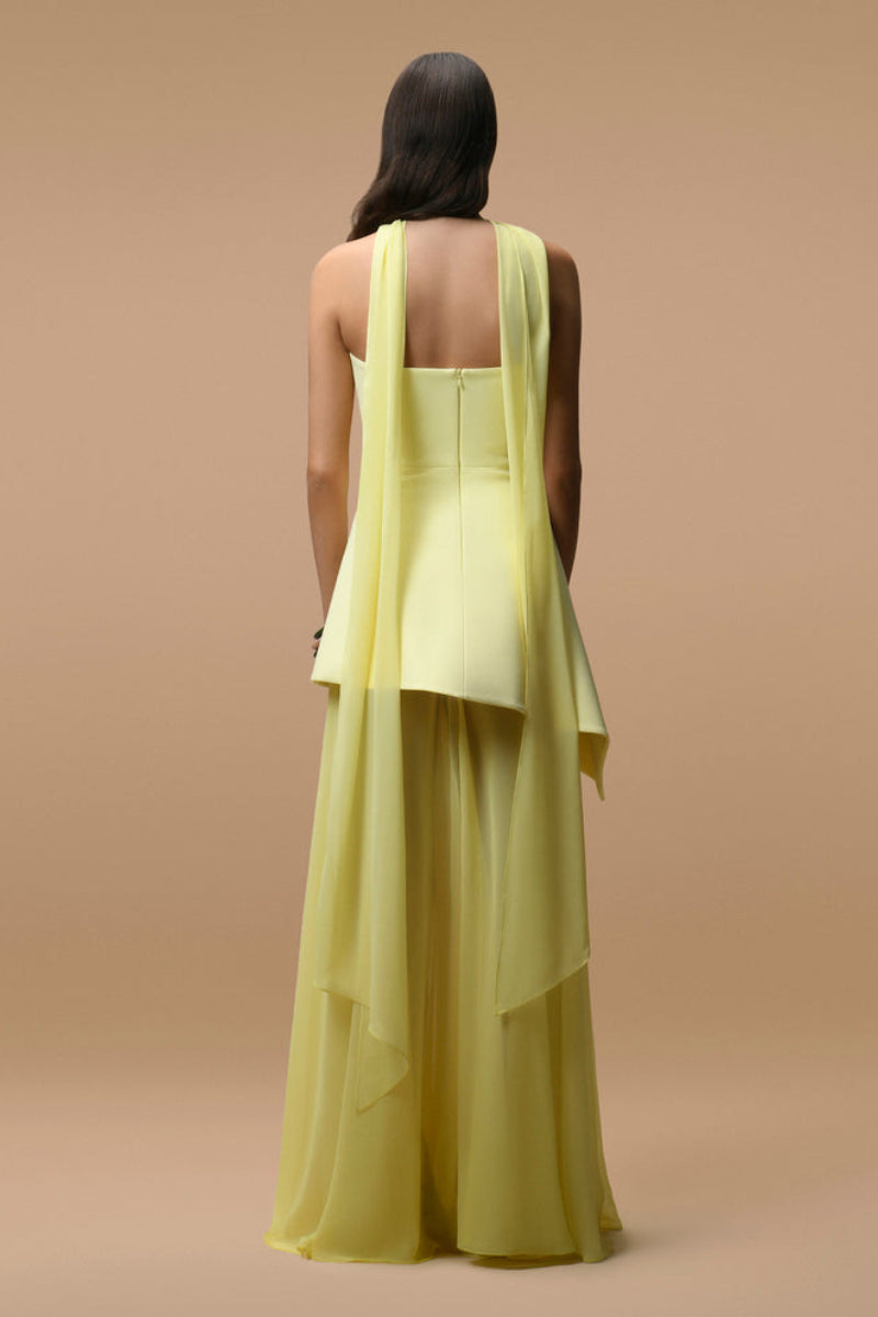 Matters Monaco butter yellow gown with matching scarf, flowing fabric and elegant design, perfect for formal occasions.