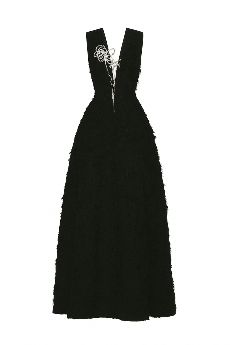 SLEEVELESS FRINGE JACQUARD V-NECK FLARED MAXI DRESS