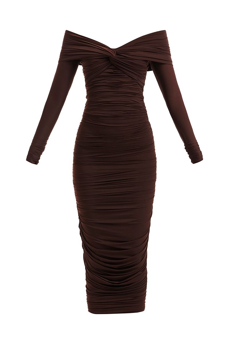 ESME MIDI DRESS IN CHOCOLATE BROWN - CULT MIA