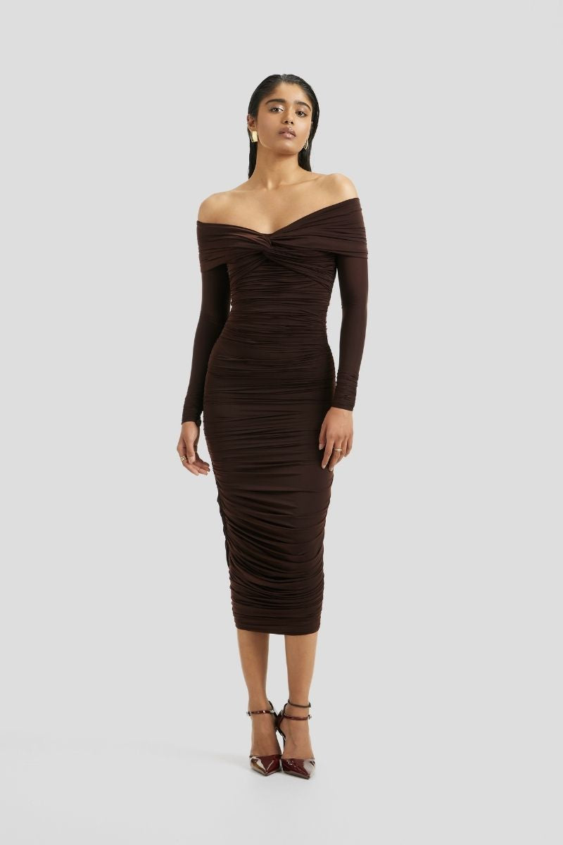 ESME MIDI DRESS IN CHOCOLATE BROWN - CULT MIA
