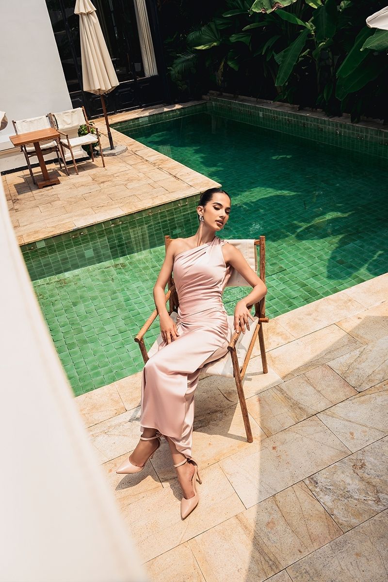 BEIGE OFF-SHOULDER OPEN BACK SILK MAXI DRESS - CULT MIA