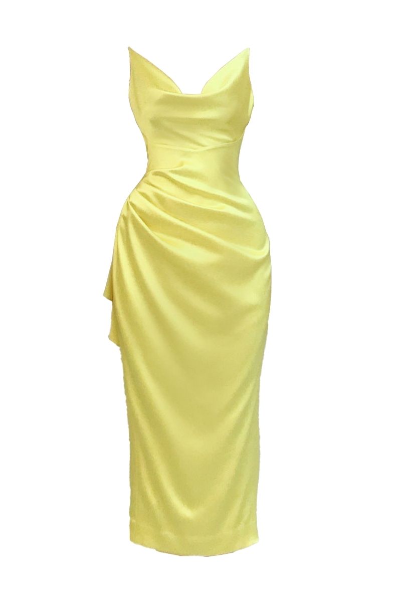 YELLOW SCOOP NECK PLEATED MIDI DRESS - CULT MIA