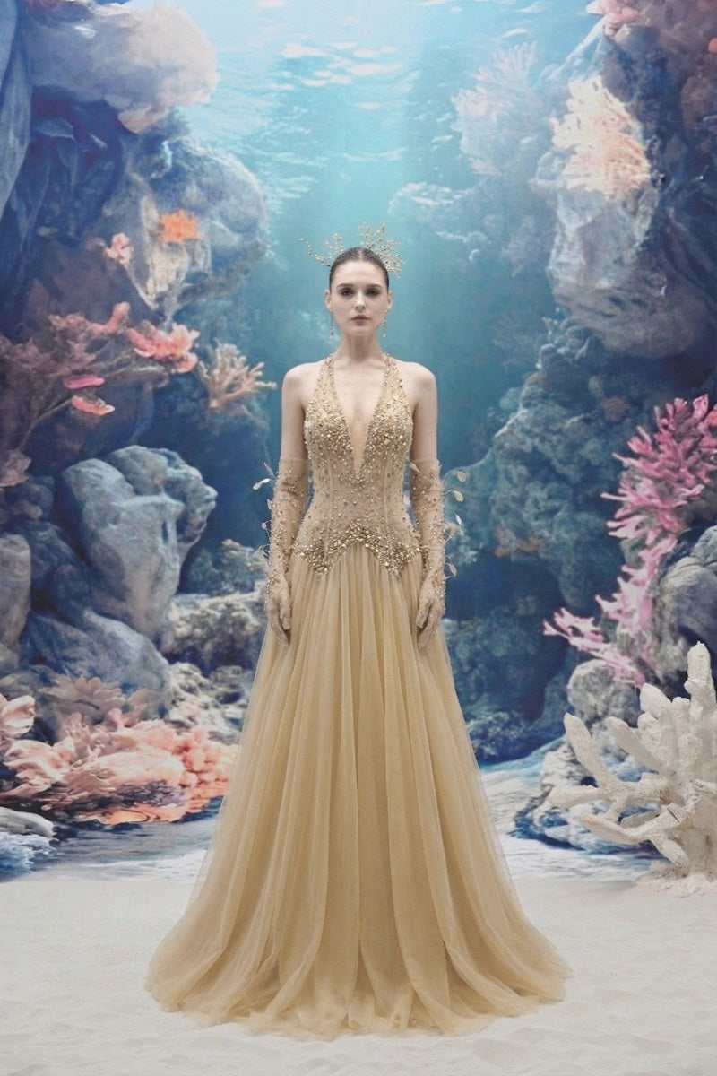 Beige and coral glitter tulle gown with matching glitter tulle gloves from 21Six, featuring elegant, flowing fabric details.