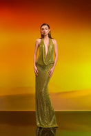 Elegant CEM Luxe Crystal Cowl Gown featuring shimmering crystals and flowing fabric, perfect for formal occasions.