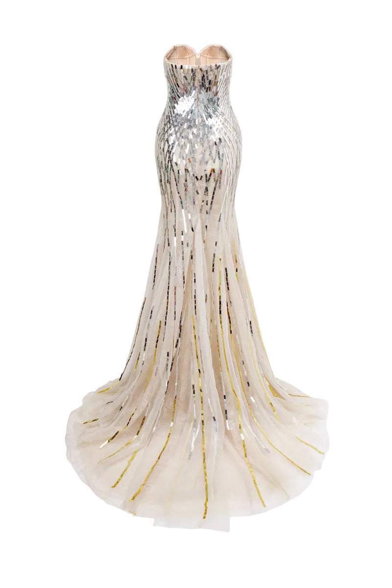 NYX DRIPPING SEQUIN STRAPLESS GOWN IN NUDE SILVER - CULT MIA