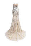 HACCHIC COUTURE NYX dripping sequin strapless gown in nude silver with shimmering sequins and elegant design.