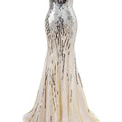 HACCHIC COUTURE NYX dripping sequin strapless gown in nude silver, showcasing elegant design and shimmering sequined fabric.