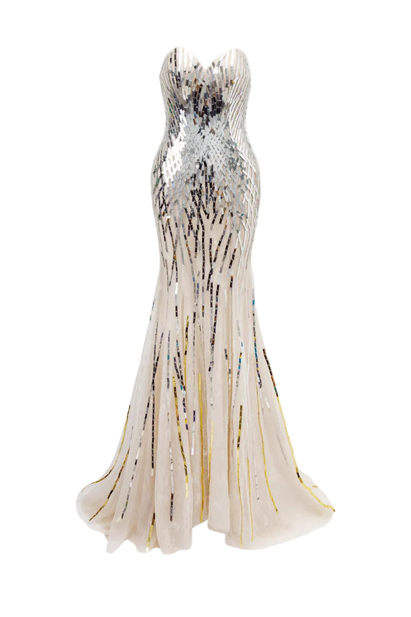 NYX DRIPPING SEQUIN STRAPLESS GOWN IN NUDE SILVER | CULT MIA | HACCHIC COUTURE NYX DRIPPING SEQUIN STRAPLESS GOWN IN NUDE SILVER | CULT MIA | HACCHIC COUTURE