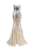 HACCHIC COUTURE NYX dripping sequin strapless gown in nude silver, showcasing elegant design and shimmering sequined fabric.