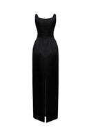 Black Amelia strap gown by HACCHIC COUTURE featuring a sleek silhouette and elegant design, shown on a model.