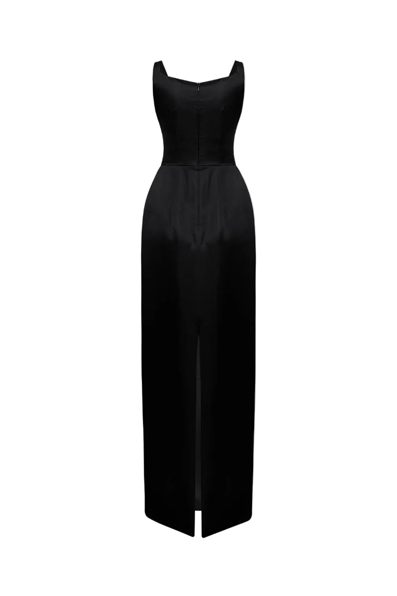 Black Amelia strap gown by HACCHIC COUTURE featuring a sleek silhouette and elegant design, shown on a model.