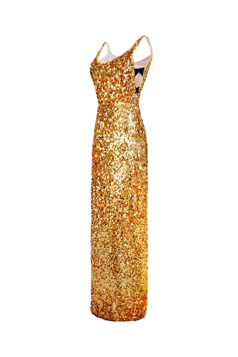 Gold HACCHIC COUTURE Belin sequin strap gown featuring shimmering sequins and a sleek, elegant design for formal occasions.