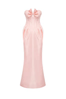 Sendra strapless blush pink gown with a bow, elegant formal dress by HACCHIC COUTURE, featuring flowing fabric and stylish design.