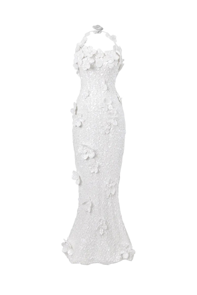 AVELINE 3D FLORAL SEQUIN DRESS IN IVORY PEARL - CULT MIA
