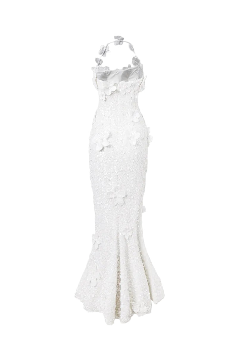 AVELINE 3D FLORAL SEQUIN DRESS IN IVORY PEARL - CULT MIA