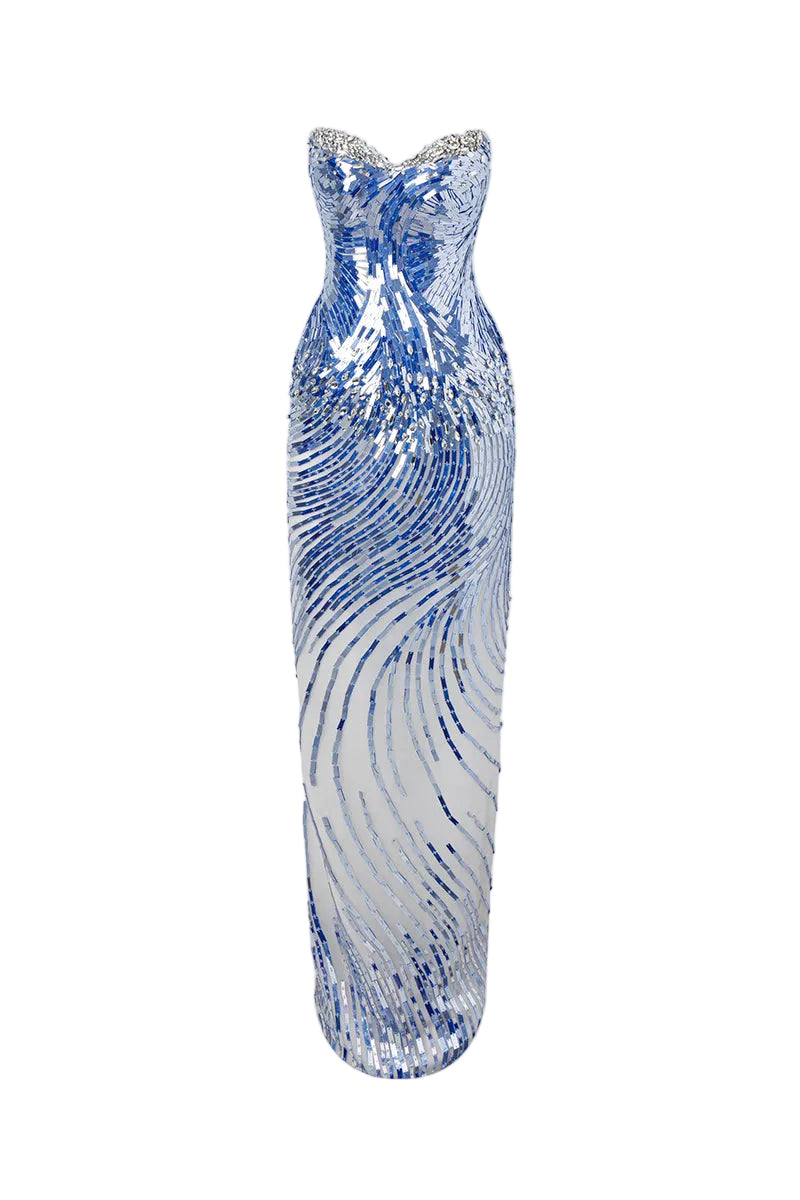 Hacchic Couture Astra Wave Sequin strapless gown in ice blue with flowing fabric and sparkling detailing for elegant occasions.