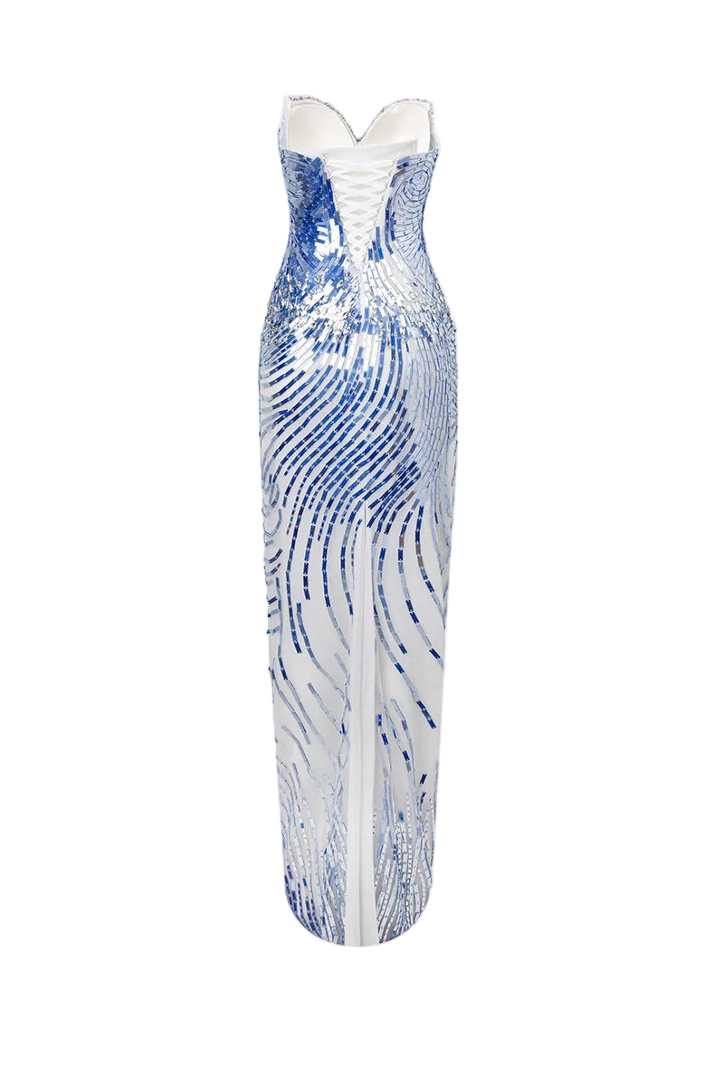 ASTRA WAVE SEQUIN STRAPLESS DRESS IN ICE BLUE - CULT MIA