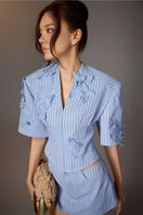 Blue minimal stripe skort by Keira Tong featuring a sleek, modern design with subtle stripe pattern and clean lines.
