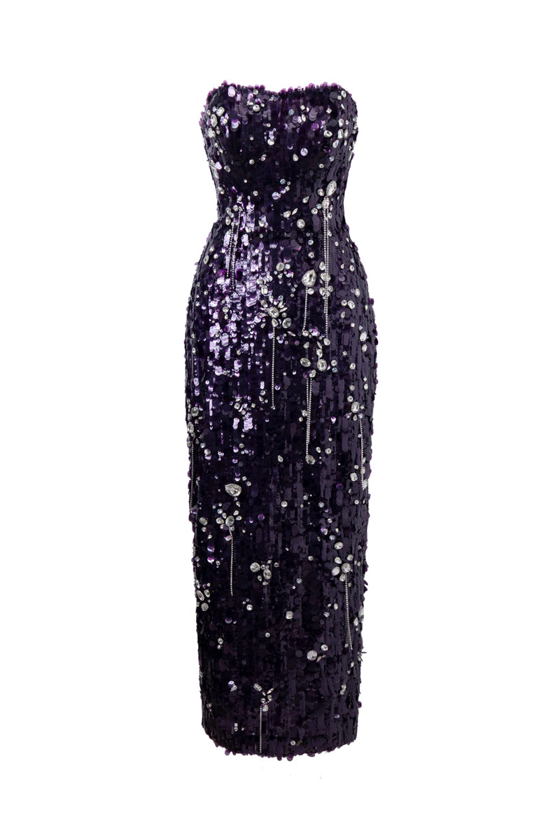 KIFLIN SEQUIN STRAPLESS DRESS IN PURPLE - CULT MIA