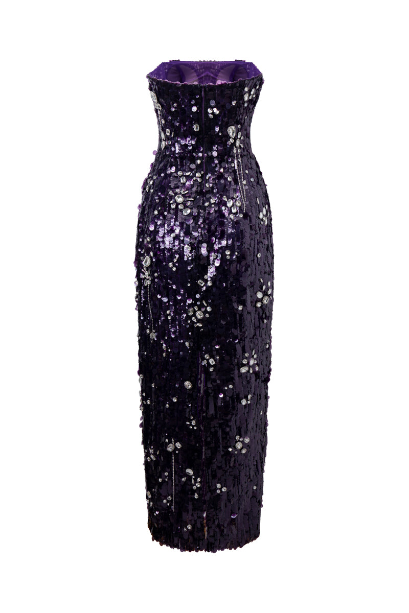KIFLIN SEQUIN STRAPLESS DRESS IN PURPLE - CULT MIA