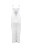 HACCHIC COUTURE MINDY floral sequin gown in ivory pearl, elegant evening dress with intricate floral embellishments.