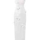 HACCHIC COUTURE Mindy floral sequin gown in ivory pearl, elegant dress with floral embroidery and shimmering sequins.
