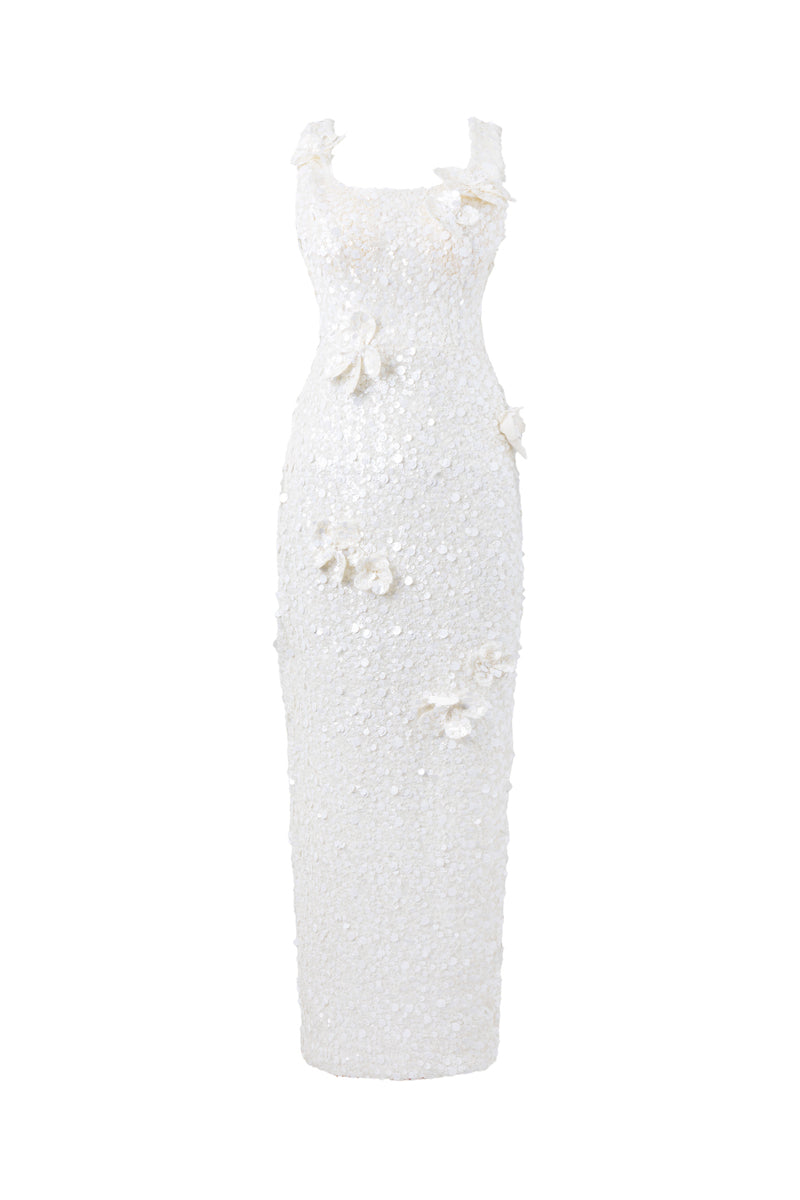 MINDY FLORAL SEQUIN DRESS IN IVORY PEARL - CULT MIA