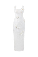 HACCHIC COUTURE Mindy floral sequin gown in ivory pearl, elegant dress with floral embroidery and shimmering sequins.