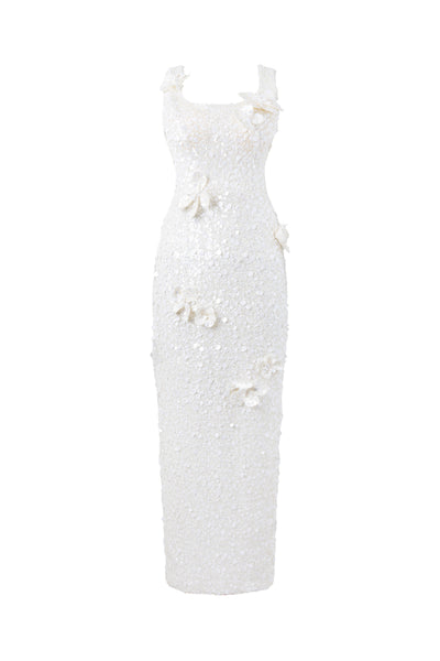 MINDY FLORAL SEQUIN DRESS IN IVORY PEARL | CULT MIA | HACCHIC COUTURE