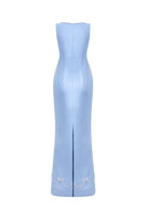 Hacchic Couture Elcitra silver bow sky blue body fit gown, elegant evening dress with sleek design and metallic accents.