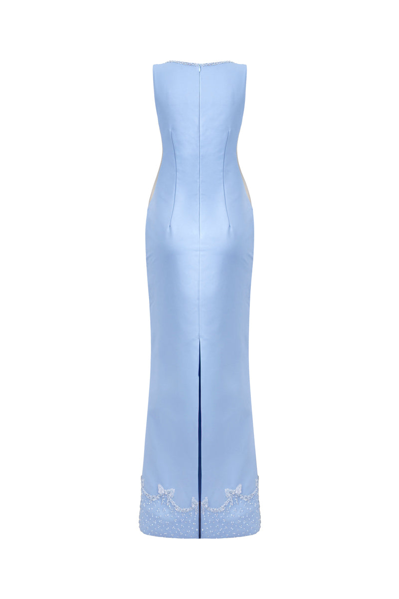 Hacchic Couture Elcitra silver bow sky blue body fit gown, elegant evening dress with sleek design and metallic accents.