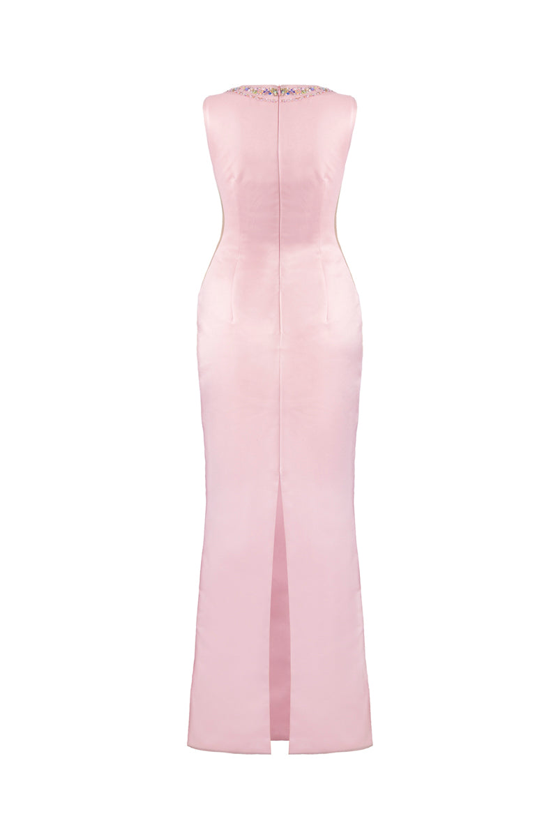 Hacchic Couture Elitra Sequin Bow Blush Pink Body Fit Gown with elegant design and sequin embellishments.