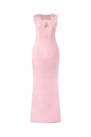 Hacchic Couture blush pink sequin bow body-fit gown with elegant design and fitted silhouette, perfect for formal occasions.