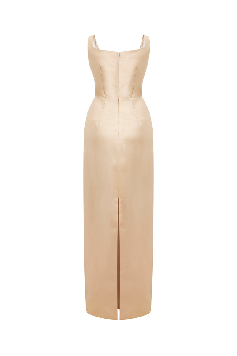 Light yellow Amelia strap gown by HACCHIC COUTURE featuring elegant straps and flowing fabric, perfect for formal occasions.