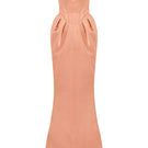 Hacchic Couture Sendra strapless nude caramel gown with bow detail, elegant evening dress with flowing fabric.