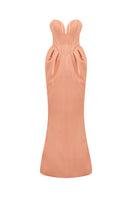 Hacchic Couture Sendra strapless nude caramel gown with bow detail, elegant evening dress with flowing fabric.