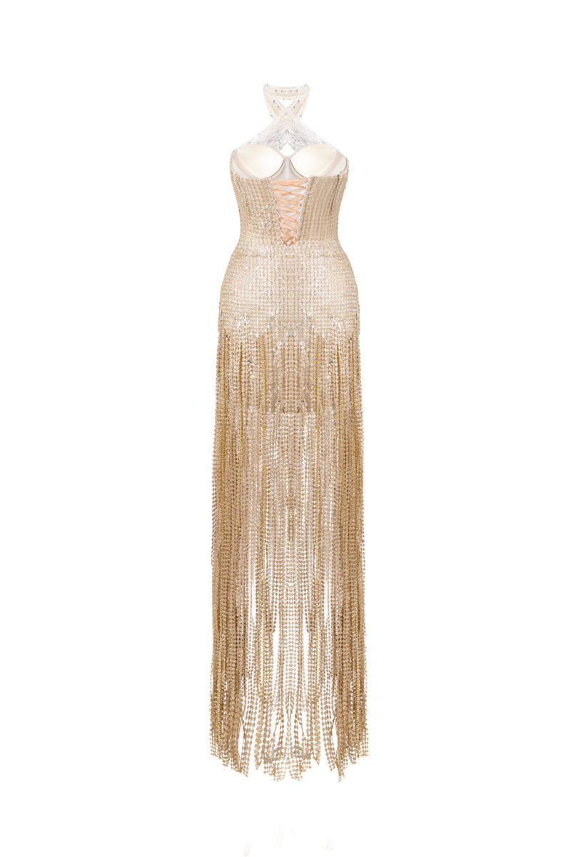 Hacchic Couture Amy Sparkle Sequin Gold Gown featuring shimmering sequins and elegant design for formal occasions.