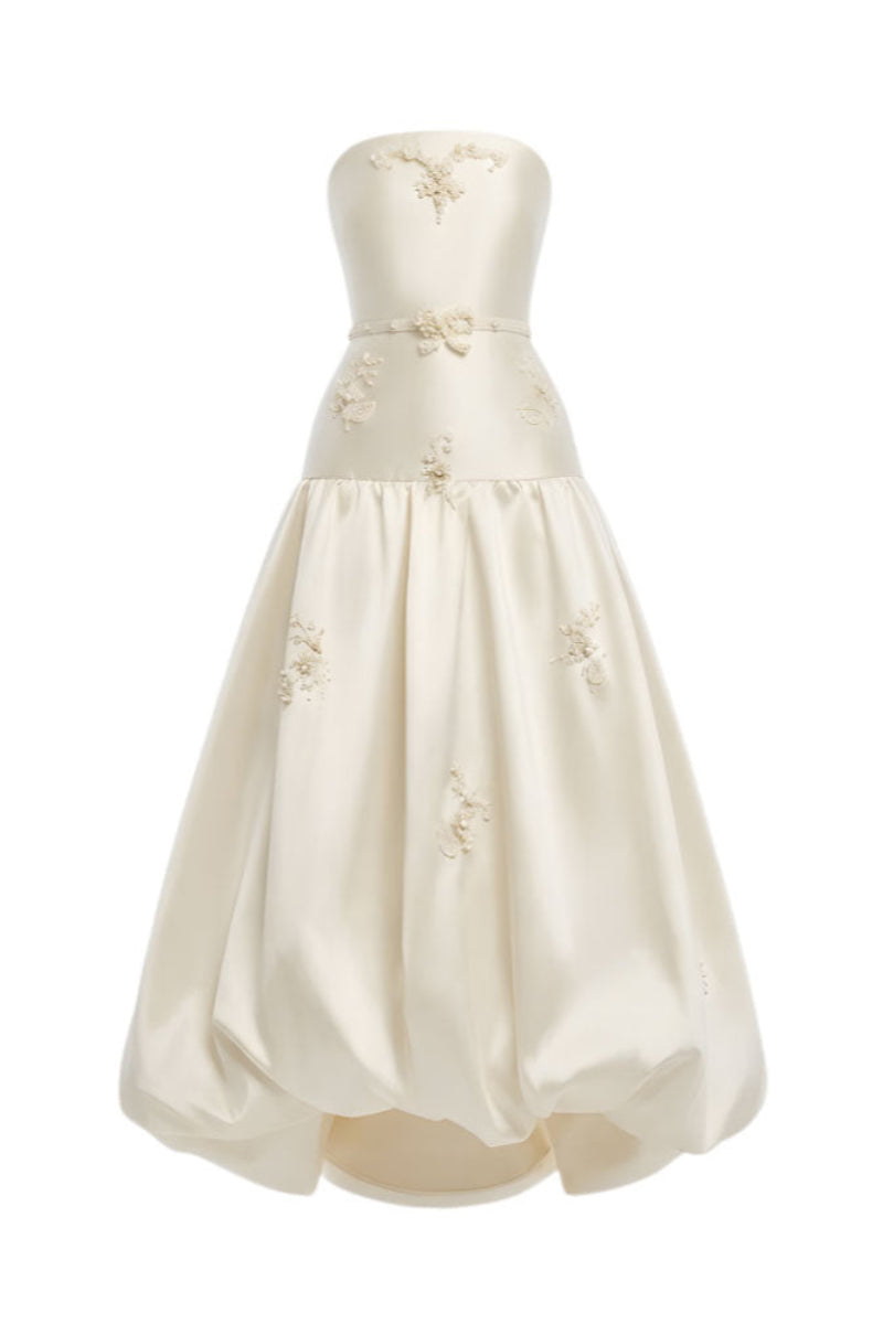 Elegant ivory bloom ball gown by White Plan featuring a flowing silhouette and floral detailing for formal occasions.
