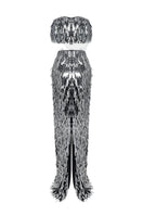Black DANNIE SPARKLE crop waist gown by HACCHIC COUTURE featuring a fitted silhouette and shimmering fabric.