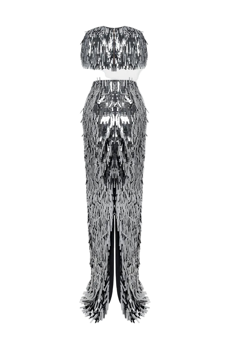 Black DANNIE SPARKLE crop waist gown by HACCHIC COUTURE featuring a fitted silhouette and shimmering fabric.